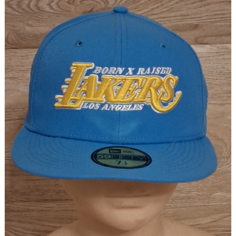 NEW LA LAKERS Born x Raised New Era 59FIFTY Fitted Hat Blue Size 7 1/4 NWT
